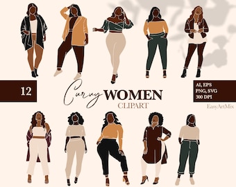 Clipart de mulher curvilínea, SVG de mulher negra, arte feminina (uso comercial)