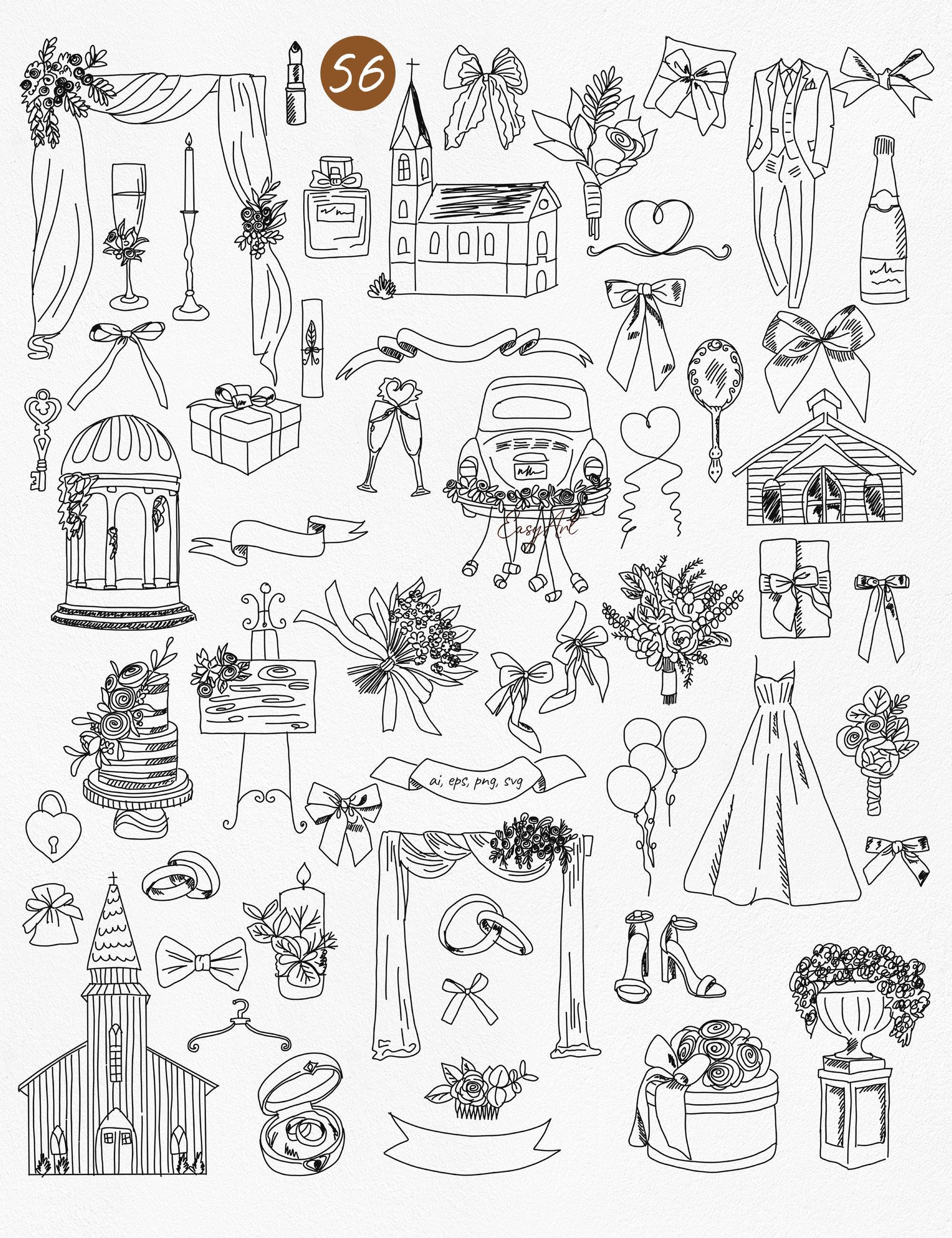 Whimsical Wedding SVG Clipart Bundle, Hand Drawn Illustrations (digital ...