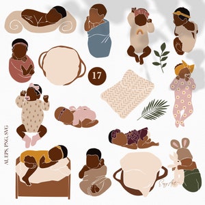 Op de afbeelding: Een set van 17 digitale illustraties met schattige baby's in verschillende poses en outfits. De illustraties zijn in een minimalistische stijl met een bruin, roze en blauw kleurenpalet. De illustraties zijn perfect voor het maken van baby-thema ontwerpen, kaarten en uitnodigingen.