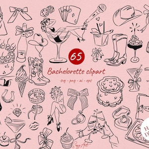 Conjunto de ilustrações de despedida de solteira desenhadas à mão, rabiscos SVG PNG EPS, ícones de casamento caprichosos, clipart de festa de despedida de solteira para convite
