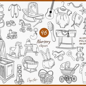 Kwekerij lijn clipart, hand tekenen SVG, overzicht baby shower clipart, DIY baby party clipart, vector bundel, zwarte lijn set, lijnschets