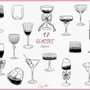 Clipart di bicchieri di linea, disegno a mano SVG, contorno di bicchieri da vino PNG, modello di invito fai da te, clipart vettoriale di bicchieri da whisky, bicchiere da cocktail, icona