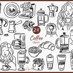 Café desenhado à mão SVG, Esboço de menu de café, Ilustração de cappuccino, Ícones de rabisco, Clipart de linha de menu DIY, Pacote de vetores, Latte, Mocha PNG