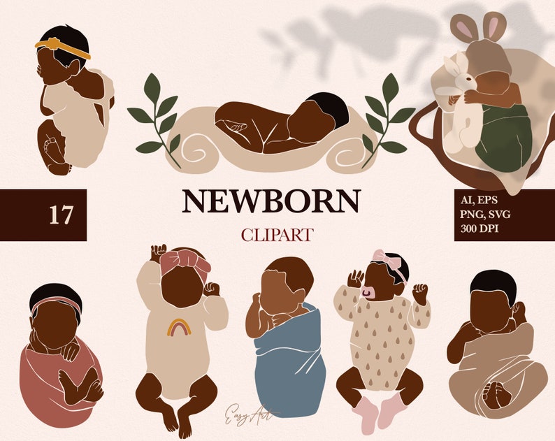 Op de afbeelding: Een set van 17 digitale illustraties van pasgeboren baby's in verschillende poses. De illustraties zijn in een minimalistische stijl met gedempte kleuren en eenvoudige vormen. De baby's zijn afgebeeld in verschillende outfits en accessoires, waaronder een hoofdband, een hoed en een swaddle. De illustraties zijn perfect voor gebruik in een verscheidenheid aan creatieve projecten, zoals wenskaarten, uitnodigingen en social media graphics.