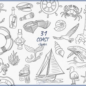 Lijn kust clipart, hand tekenen SVG, overzicht shell png, uitnodiging sjabloon DIY, schip vector clipart, nautische svg, kust clipart set
