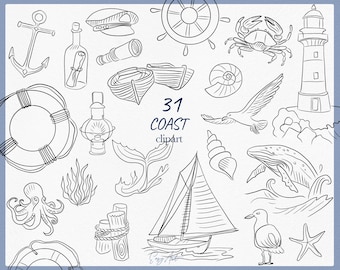 Coastal Line Art Clipart, Seashell SVG PNG (Digital Download)