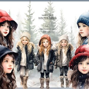 Imágenes prediseñadas de chicas de invierno en acuarela, imágenes prediseñadas de paisaje forestal, imágenes PNG de chicas de acuarela, paisaje invernal, ilustración de chicas, imprimible de invierno