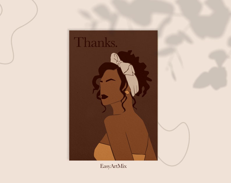 May include: A digital illustration of a woman with brown skin and curly hair wearing a white headband. The background is brown and the text "Thanks." is at the top of the image. The text "EasyArtMix" is at the bottom of the image.