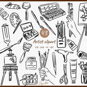Conjunto de ilustrações de artista desenhado à mão, SVG, PNG, clipart de suprimentos de arte de contorno, ícone de artista faça você mesmo, clipart vetorial, pincel svg, kit de pintura