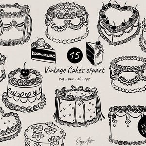 Hand Drawn Retro Cakes Illustration Bundle Set, Vintage Cakes, Heart shape SVG PNG doodles, Whimsical Party Icons, Clipart for Invitation