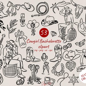Handgezeichnetes Cowgirl Junggesellinnenparty SVG PNG, wunderliche Hand gezeichnet Western, Doodle Clipart, Girls Night Bach Party Clipart für die Einladung