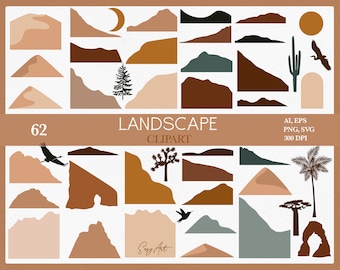 Abstract Landscape Clipart, Desert Mountains, Sun, PNG SVG (Digital Download)