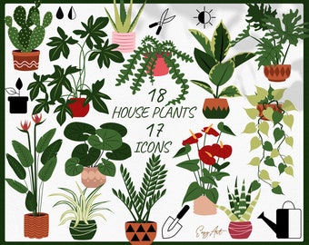 House Plants Clipart, Gardening Download, Plants PNG, Plant Care Icons, Watering Plant, Planner Stickers, Greenery Print, Indoor Plant SVG