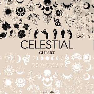 Celestial clipart, Mystical vector icons, Sun and Moon vector clipart, Celestial svg, Bohemian moon svg, Moon phase png, Commercial use