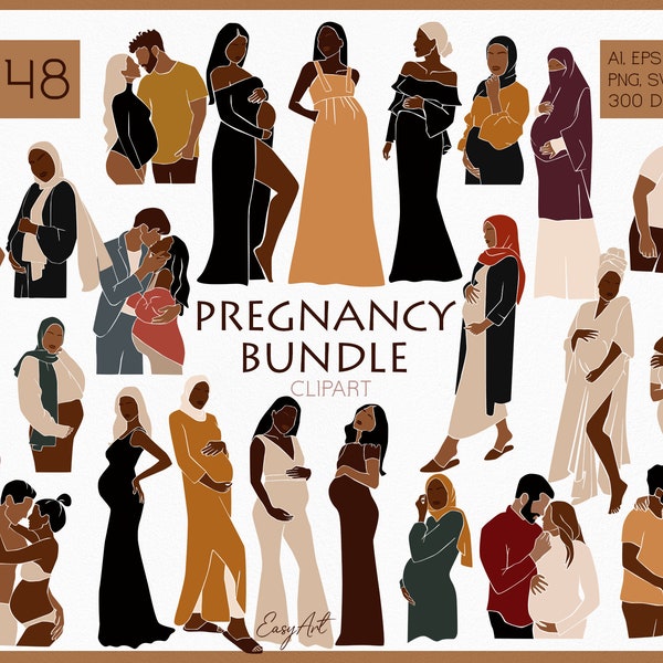 48 grossesse femmes Vector Bundle Clipart, mère abstraite SVG, femmes musulmanes enceintes, Couples enceintes SVG, Clipart femme noire, femmes noires