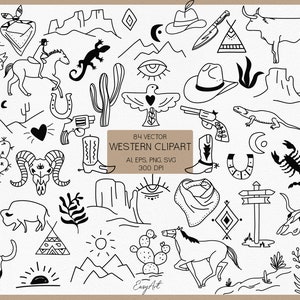 Clipart Far West, Black Western SVG, tête de mort taureau Clipart, clipart Cactus, Cowboy SVG, ligne Wild West SVG, jeu de lignes cheval, Western Bundle