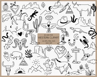 Wild West Clipart, Black Western SVG, Skull Bull Clipart, Cactus clipart, Cowboy SVG, Line Wild West SVG, Horse Line Set, Western Bundle