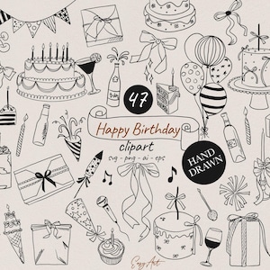 May include: Hand-drawn black and white birthday clipart featuring cakes, gifts, balloons, champagne, and party hats. The phrase "Happy Birthday clipart" is written in a banner. Includes the number "47" in a circle and the words "Hand Drawn".