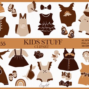 Babykleding clipart, Kids stuff svg, babyshower clipart, schoenen PNG, pasgeboren mode kleding, Boho clipart, speelgoed svg, commercieel gebruik