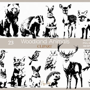 Clipart animaux noirs, SVG animaux de la forêt, clipart animaux de la forêt, Silhouette animaux, noir et blanc, animaux sauvages, ours, renard, hibou, cerf