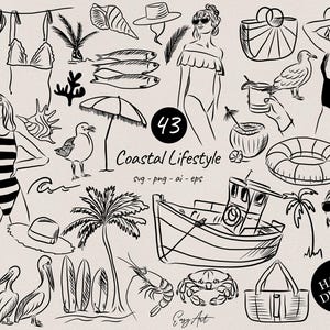 Conjunto de ilustraciones costeras dibujadas a mano, garabatos SVG, PNG y EPS, íconos de estilo de vida marino, imágenes prediseñadas de fiesta de verano para invitación, conjunto de vacaciones
