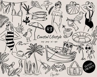 Coastal Illustration Doodles, Summer Clipart SVG PNG EPS (Digital Download)