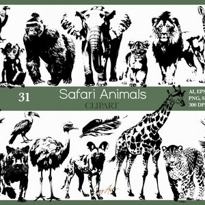 Safari Black Animal SVG, Jungle Animals Clipart, Animals Silhouette, Black and White, Wild Animals, Lion PNG, Elephant SVG, Giraffe Clipart