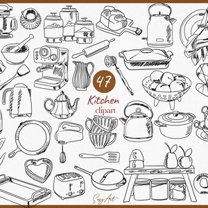 Keuken SVG clipart, hand getrokken pictogrammen, overzicht keuken uitnodigingen, DIY menu lijn clipart, vector bundel, doodles bakken pictogram, bestek SVG