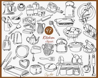 Kitchen Line Art Clipart, Hand Drawn Baking Icons (SVG, PNG)
