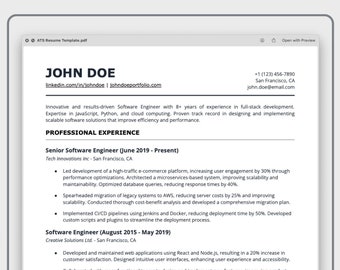 ATS Optimierte Lebenslauf Vorlage | Für MS Word und Google Docs | Professionelles, bearbeitbares Lebenslauf-Design | Job-Gewinnendes Layout für Tech Rollen