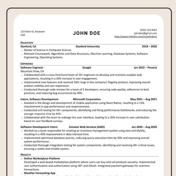 Professional Software Resume Template | Editable in Word and Google Docs | Developer, Engineer, Programmer | Tech CV Template, FAANG Resume