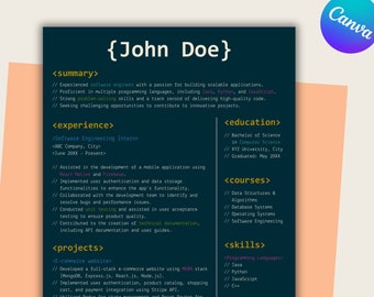 Lebenslaufvorlage für den Code-Herausgeber (dunkles Thema): Modernes und professionelles Design, Canva-Lebenslaufvorlage, vollständig anpassbar, 3 Variationen