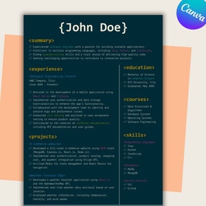 Op de afbeelding: Een donkergroene en zwarte cv met de naam John Doe in een code-achtig lettertype. De cv bevat secties voor samenvatting, ervaring, opleiding, cursussen, projecten en vaardigheden. De cv is geformatteerd in een moderne, minimalistische stijl.