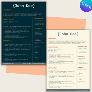 May include: A black and white resume template featuring the name John Doe at the top. The resume is divided into sections for summary, experience, projects, education, courses, and skills. The resume is formatted in a code-like style with comments and code tags.