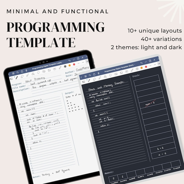 Cahier numérique de modèle de codage/programmation, pour étudiants en informatique/ingénierie, comprend les thèmes clair et sombre