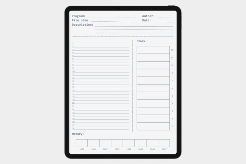 Mockup iPad displaying the main template page along with a stack and memory section