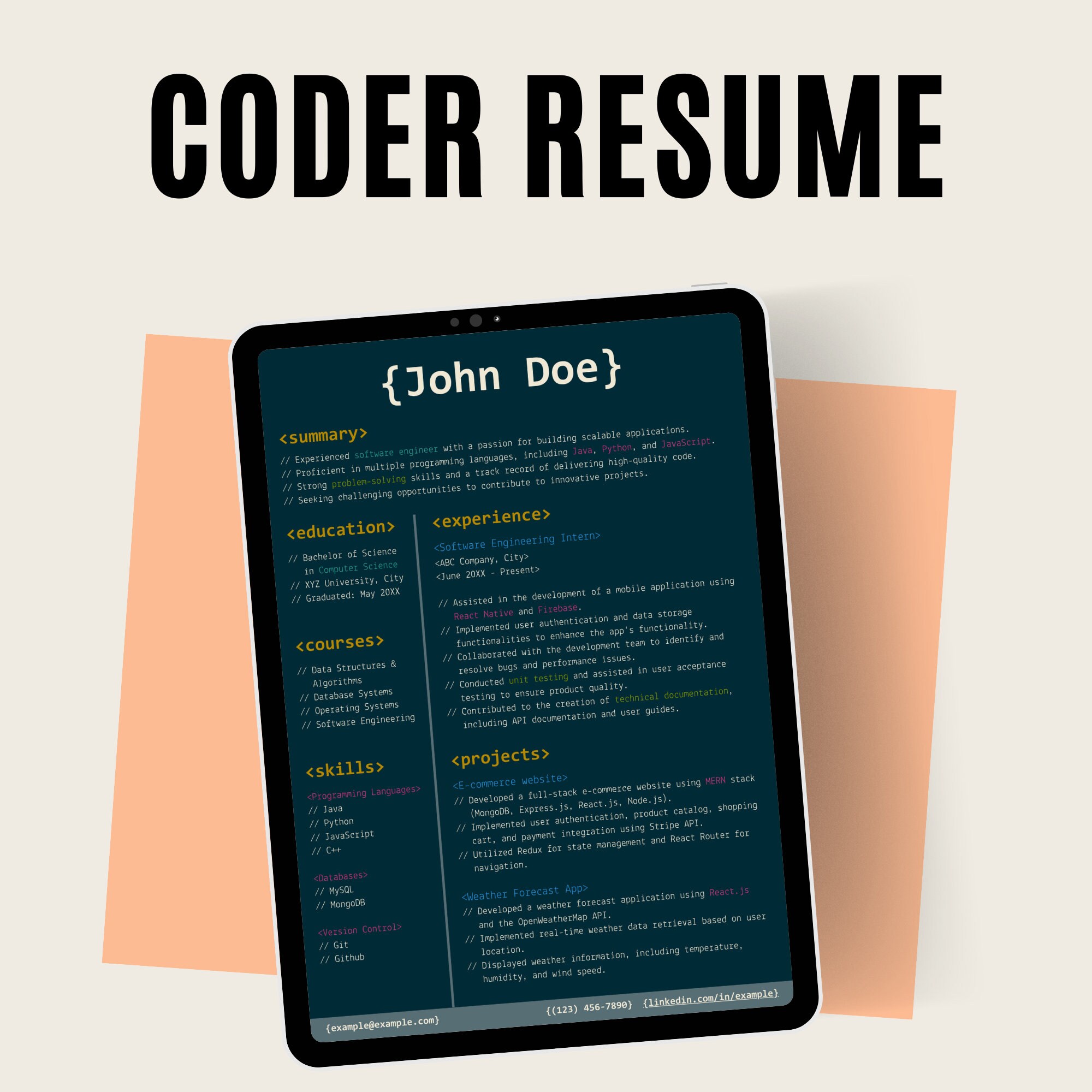 Code Editor Style Resume Template (dark Theme): Modern and Professional ...