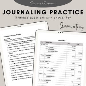 Könnte beinhalten: Ein digitales Tabellenblatt zur Buchhaltung mit dem Titel "Journaling Practice" und dem Untertitel "3 einzigartige Fragen mit Lösungsschlüssel". Das Tabellenblatt enthält eine Übungsaufgabe zur Erfassung im Journal und einen Lösungsschlüssel.