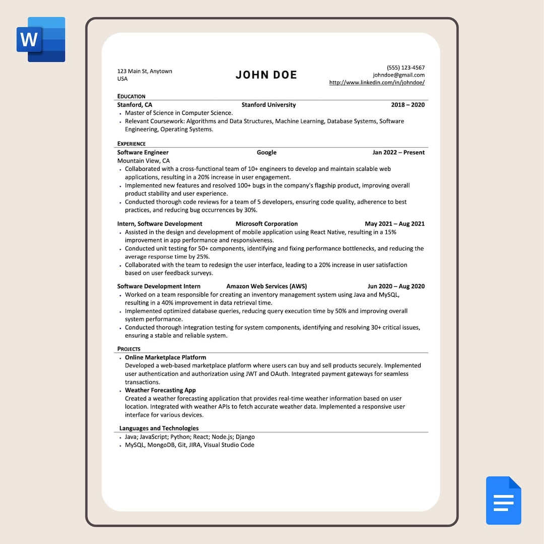 Professional Software Resume Template Editable in Word and Google Docs ...
