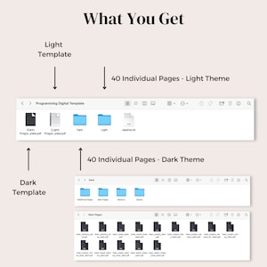 May include: A screenshot of a computer screen showing a file explorer window with two folders labeled "Dark" and "Light". The folders contain files related to a programming digital template. The text "Programming Digital Template" is visible in the window title bar. The text "40 Individual Pages - Light Theme" and "40 Individual Pages - Dark Theme" are visible above the folders.