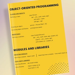 May include: A yellow background with black text explaining object-oriented programming concepts in Python. The text includes topics like classes, objects, inheritance, modules, and libraries.