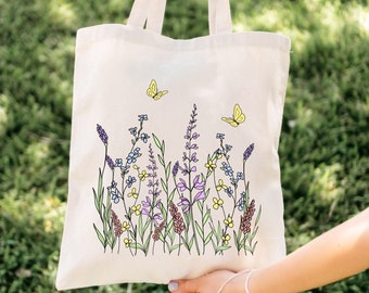 Blumen Tasche, Wildblumen, süße Tasche, ästhetische Tasche, Blumen Tasche, botanische Tasche, botanische Illustration, Canvas Tasche
