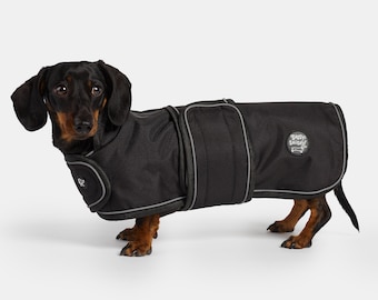 Dachshund waterproof coat - luxury dachshund jacket, reflective trim, fleece lined with adjustable front and belly strap