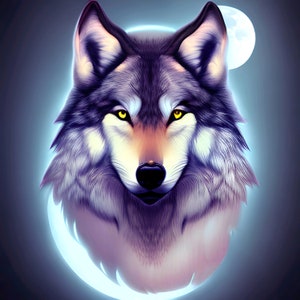 Lobo púrpura con luna en el fondo, impresión de pared de fantasía, cartel de amante de los animales, regalo de amante de los animales
