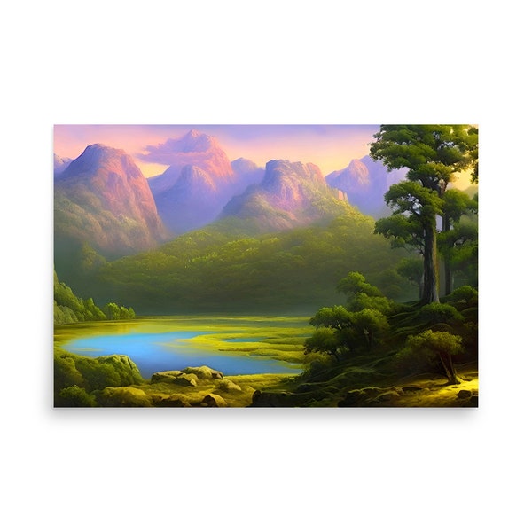 Panorama von Wald und Berge im Hintergrund, Naturbild mit See, Wohnung Dekoration