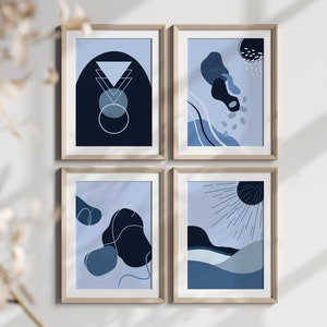 Blue Abstract Gallery Wall,  Digital Prints Set of 4, Midcentury Modern Art, Minimalist Wall Art, Printable Abstract Art, Geometric Shapes