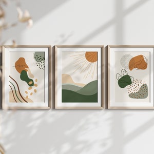 Mid Century Modern Orange and Green Abstract Printable wall art set of 3, Digital Print Set, Modern Home Decor, Abstract Horizon