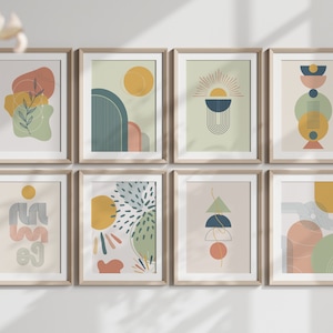 Colourful Gallery wall, Midcentury Modern digital prints, Printable Wall Art, Arches, Colourful Abstract, Wall art set of 8,