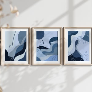 Mid century Modern Blue Abstract Horizon Gallery Wall, Blue Waves, Digital Print Set of 3, Minimalist Wall Art, Printable Abstract Art,
