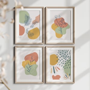 Midcentury Modern Digital Print set of 4, Gallery Wall, Boho abstract leaf art, Colourful Gallery Wall, Printable wall art